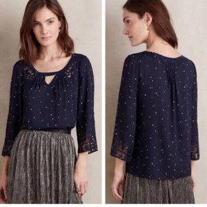 Anthropologie Maeve Navy Blue Celestial Laser Cut Top Sz 2